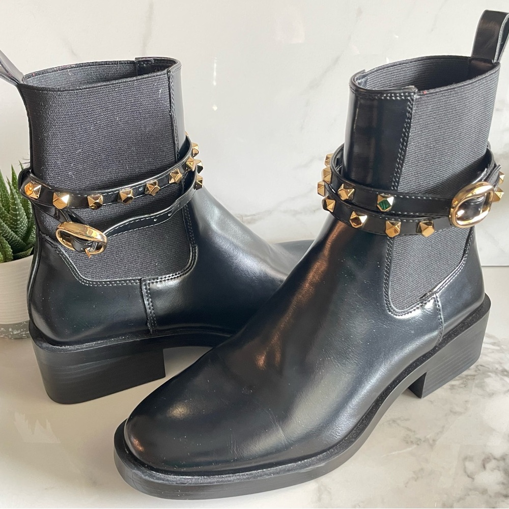 Zara Black Chelsea Ankle Boots with Gold Stud Strap